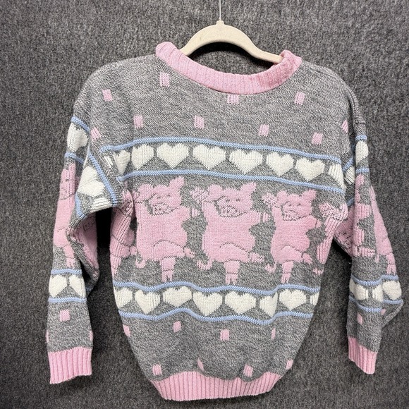 Vintage 80s Sweater Dancing Pig Hearts Fairy Kei Harajuku All Over Print‎ Size M - Picture 6 of 10